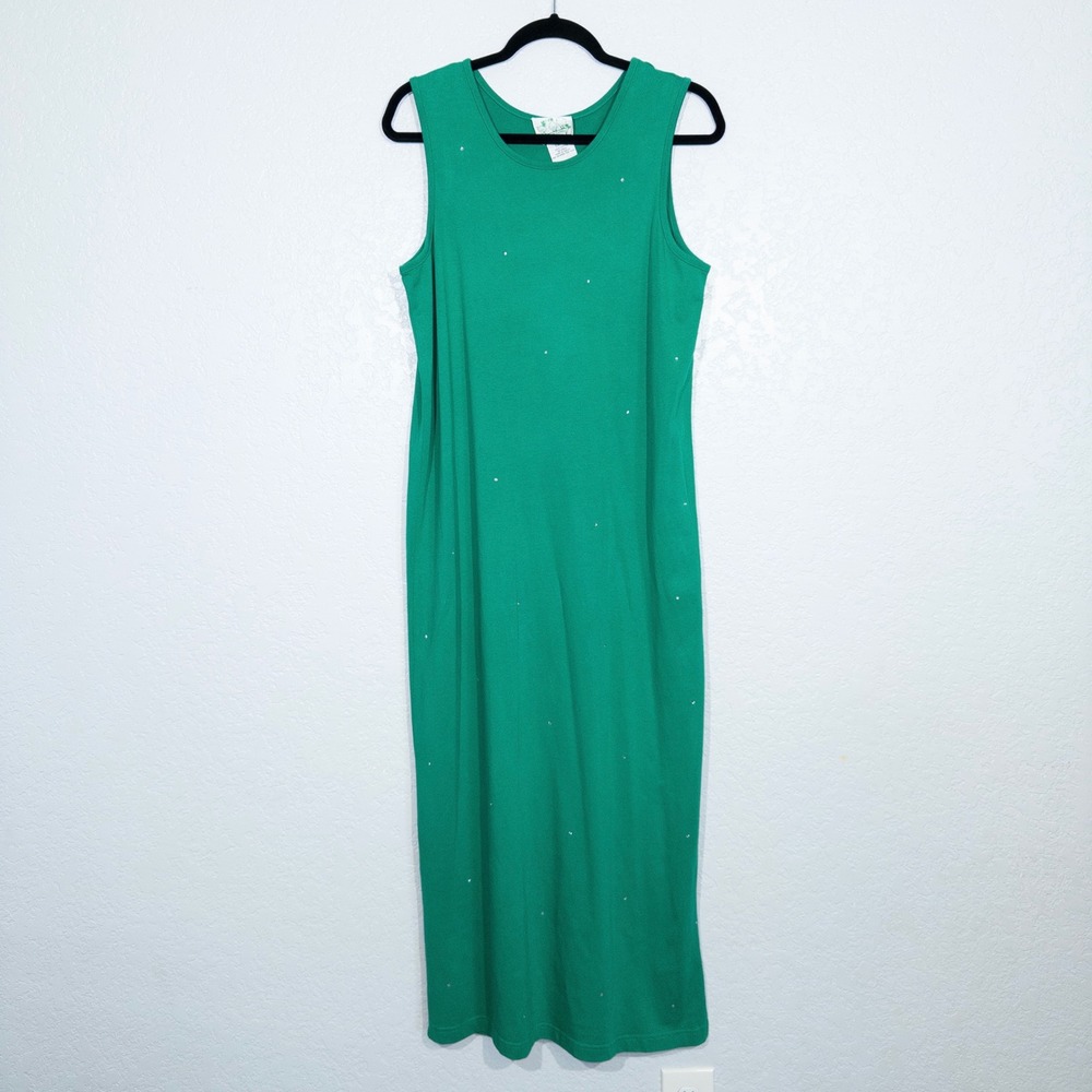 Vintage The Quacker Factory Green Rhinestone Maxi‎ Dress Size Large